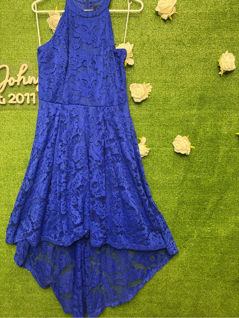 Women’s Royal Blue Lace High-Low Dress.